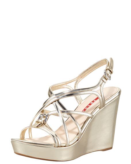 prada metallic strappy wedge sandal gold